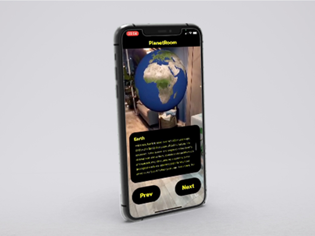 Mobile phone with an app on the screen showing the planet earth and its description